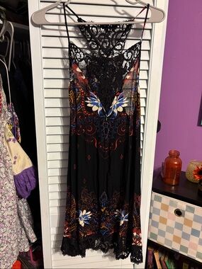 Free People Black Floral Lace-Trim Midi Slip Dress